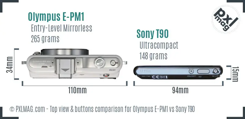 Olympus E-PM1 vs Sony T90 top view buttons comparison Olympus E-PM1 vs Sony T90 top view buttons comparison