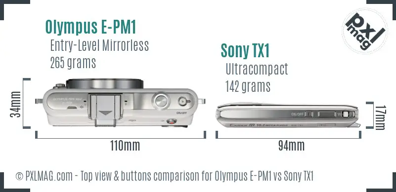 Olympus E-PM1 vs Sony TX1 top view buttons comparison