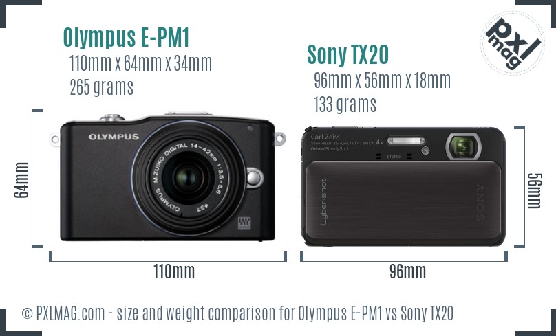 Olympus E-PM1 vs Sony TX20 size comparison