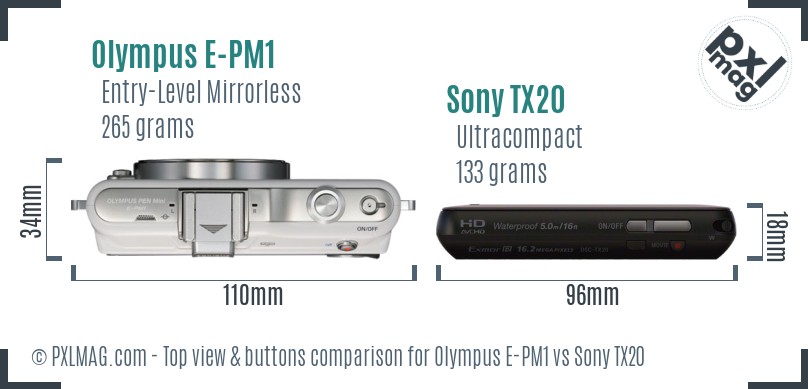 Olympus E-PM1 vs Sony TX20 top view buttons comparison