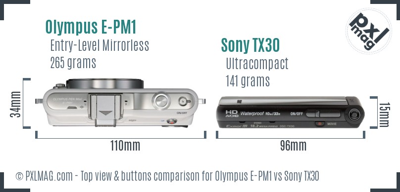 Olympus E-PM1 vs Sony TX30 top view buttons comparison