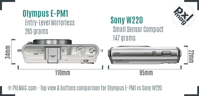 Olympus E-PM1 vs Sony W220 top view buttons comparison Olympus E-PM1 vs Sony W220 top view buttons comparison
