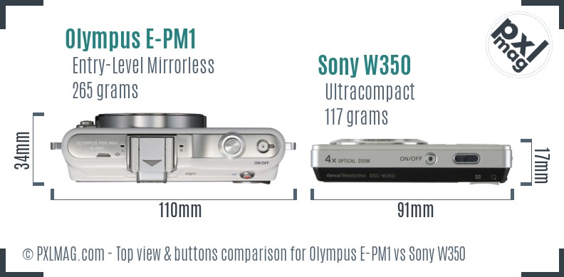 Olympus E-PM1 vs Sony W350 top view buttons comparison