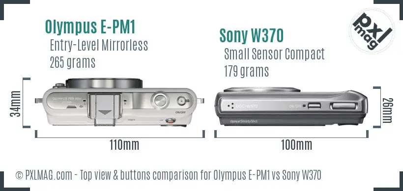 Olympus E-PM1 vs Sony W370 top view buttons comparison