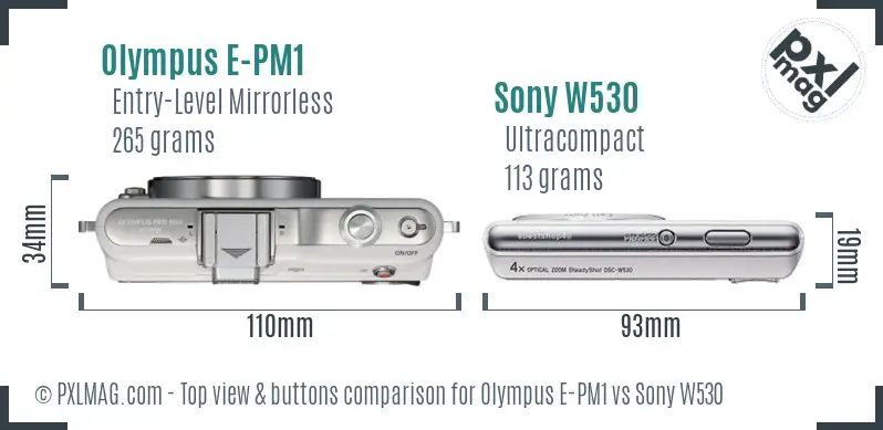 Olympus E-PM1 vs Sony W530 top view buttons comparison