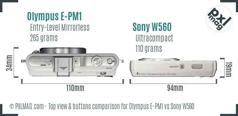 Olympus E-PM1 vs Sony W560 top view buttons comparison