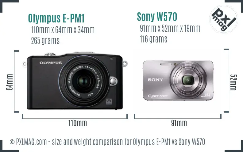 Olympus E-PM1 vs Sony W570 size comparison