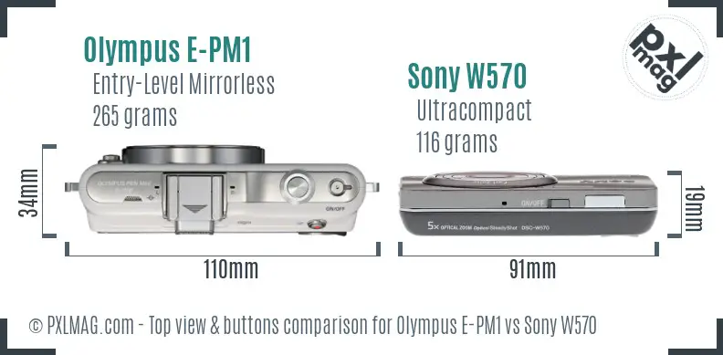 Olympus E-PM1 vs Sony W570 top view buttons comparison