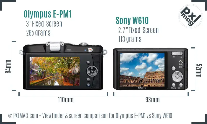 Olympus E-PM1 vs Sony W610 Screen and Viewfinder comparison