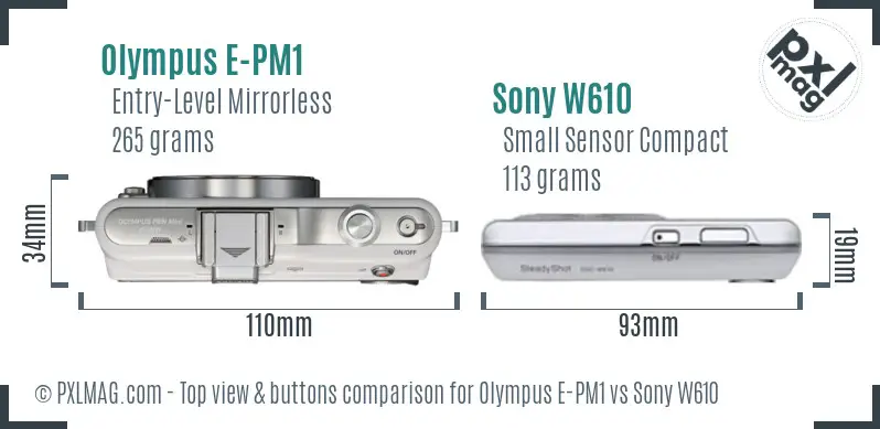 Olympus E-PM1 vs Sony W610 top view buttons comparison