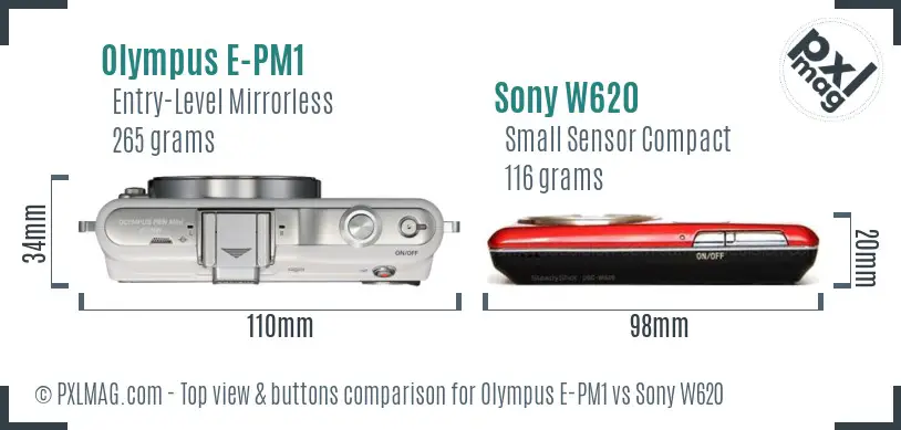 Olympus E-PM1 vs Sony W620 top view buttons comparison