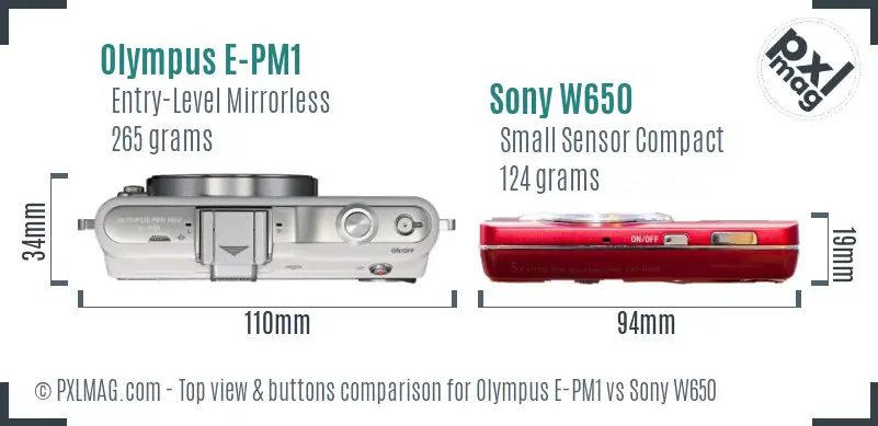 Olympus E-PM1 vs Sony W650 top view buttons comparison Olympus E-PM1 vs Sony W650 top view buttons comparison