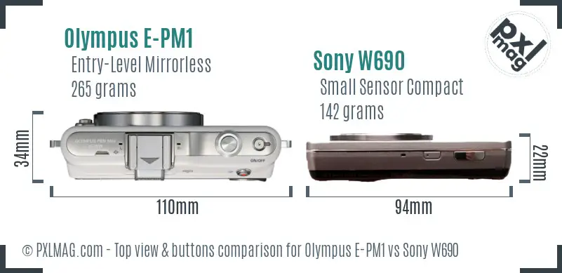 Olympus E-PM1 vs Sony W690 top view buttons comparison Olympus E-PM1 vs Sony W690 top view buttons comparison