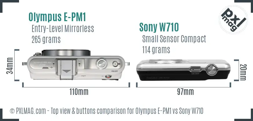 Olympus E-PM1 vs Sony W710 top view buttons comparison