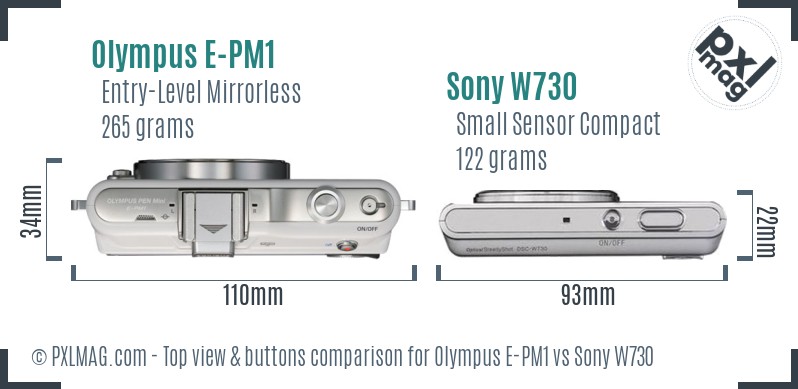 Olympus E-PM1 vs Sony W730 top view buttons comparison
