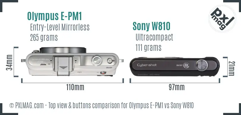 Olympus E-PM1 vs Sony W810 top view buttons comparison Olympus E-PM1 vs Sony W810 top view buttons comparison