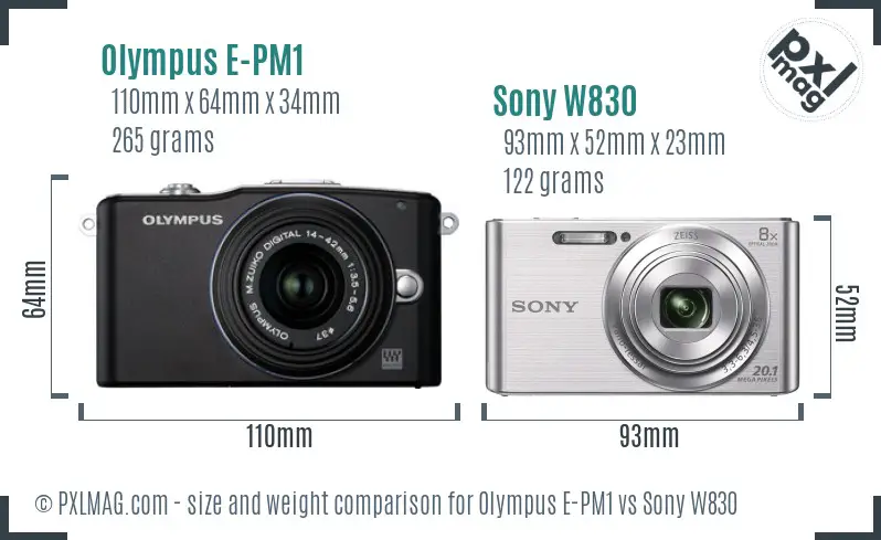 Olympus E-PM1 vs Sony W830 size comparison