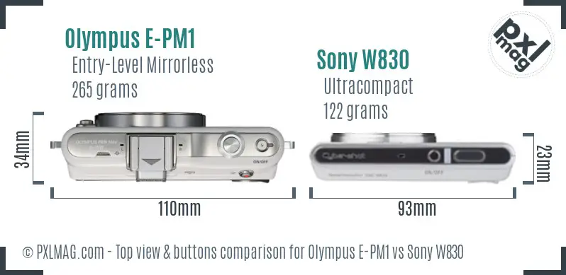 Olympus E-PM1 vs Sony W830 top view buttons comparison