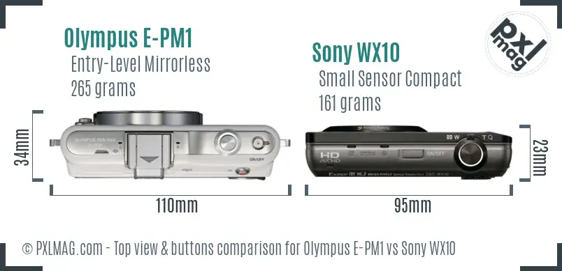 Olympus E-PM1 vs Sony WX10 top view buttons comparison