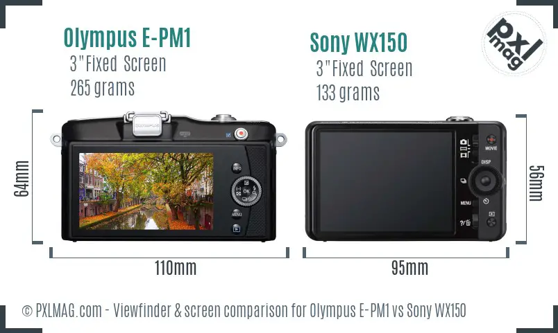 Olympus E-PM1 vs Sony WX150 Screen and Viewfinder comparison