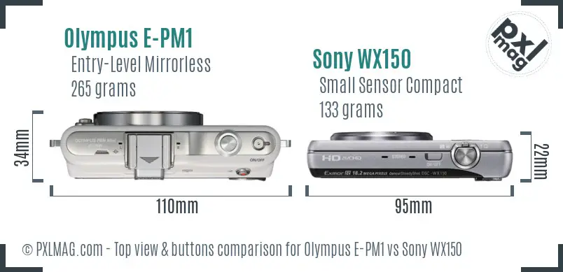 Olympus E-PM1 vs Sony WX150 top view buttons comparison