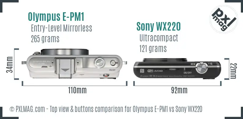 Olympus E-PM1 vs Sony WX220 top view buttons comparison