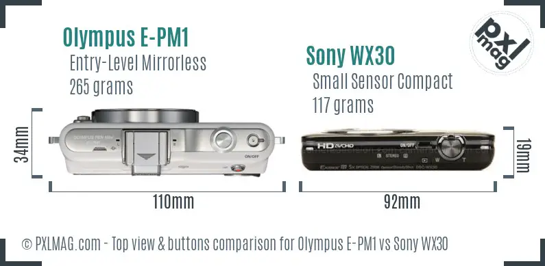 Olympus E-PM1 vs Sony WX30 top view buttons comparison