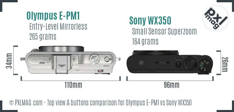 Olympus E-PM1 vs Sony WX350 top view buttons comparison Olympus E-PM1 vs Sony WX350 top view buttons comparison