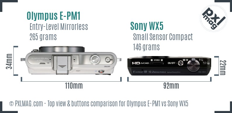 Olympus E-PM1 vs Sony WX5 top view buttons comparison