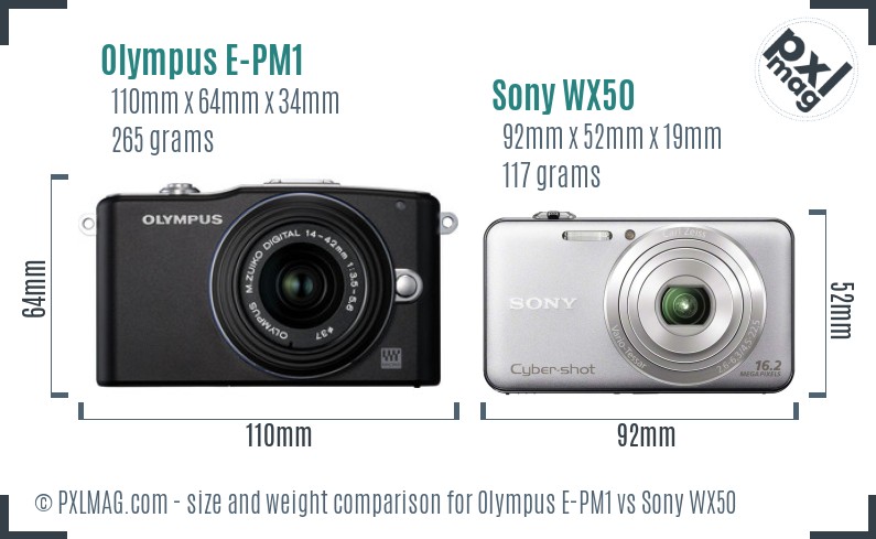 Olympus E-PM1 vs Sony WX50 size comparison Olympus E-PM1 vs Sony WX50 size comparison
