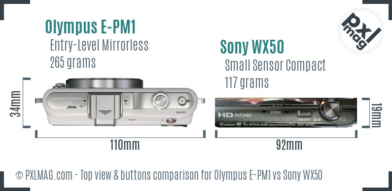 Olympus E-PM1 vs Sony WX50 top view buttons comparison
