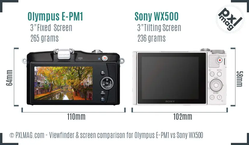 Olympus E-PM1 vs Sony WX500 Screen and Viewfinder comparison