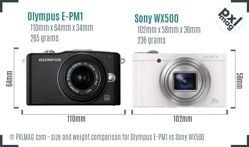 Olympus E-PM1 vs Sony WX500 size comparison