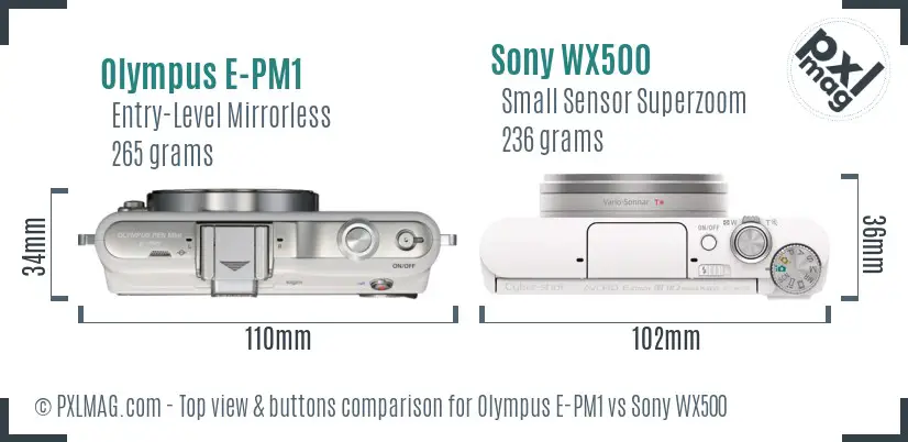 Olympus E-PM1 vs Sony WX500 top view buttons comparison