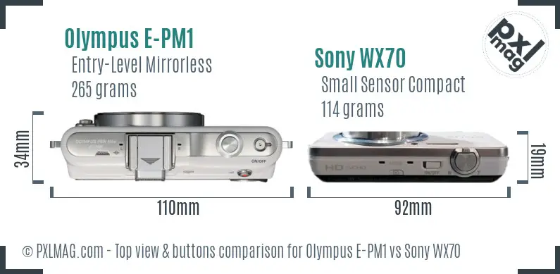 Olympus E-PM1 vs Sony WX70 top view buttons comparison Olympus E-PM1 vs Sony WX70 top view buttons comparison