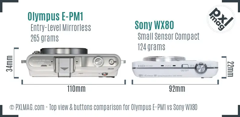 Olympus E-PM1 vs Sony WX80 top view buttons comparison