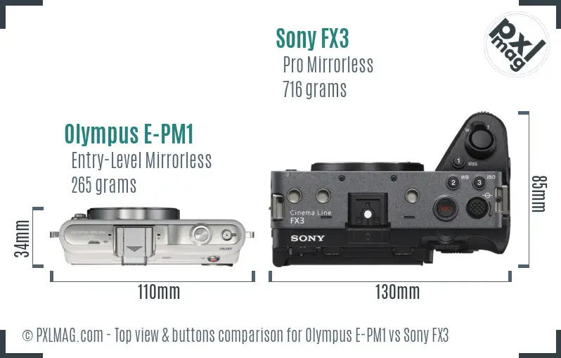Olympus E-PM1 vs Sony FX3 top view buttons comparison Olympus E-PM1 vs Sony FX3 top view buttons comparison