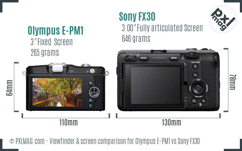 Olympus E-PM1 vs Sony FX30 Screen and Viewfinder comparison