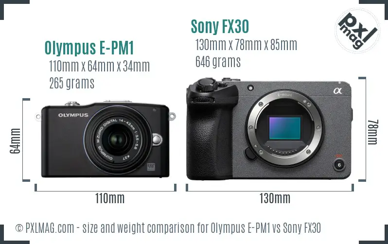 Olympus E-PM1 vs Sony FX30 size comparison