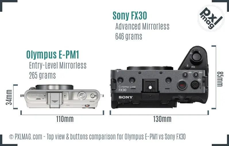 Olympus E-PM1 vs Sony FX30 top view buttons comparison