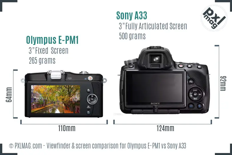 Olympus E-PM1 vs Sony A33 Screen and Viewfinder comparison