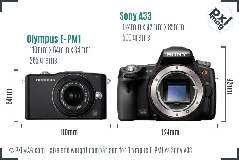 Olympus E-PM1 vs Sony A33 size comparison