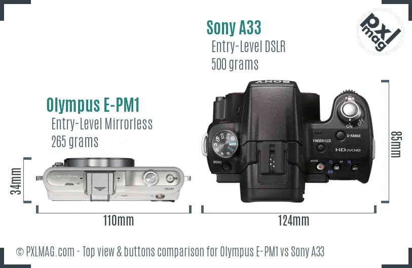 Olympus E-PM1 vs Sony A33 top view buttons comparison