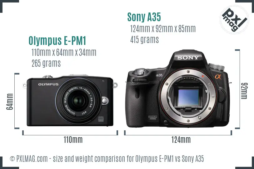 Olympus E-PM1 vs Sony A35 size comparison