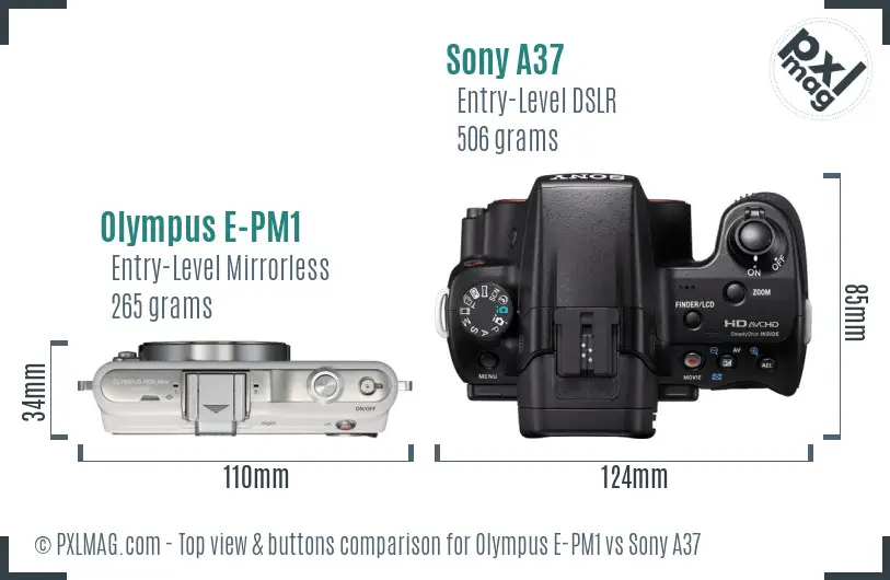 Olympus E-PM1 vs Sony A37 top view buttons comparison