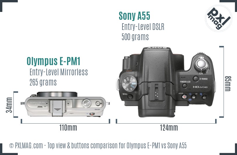 Olympus E-PM1 vs Sony A55 top view buttons comparison