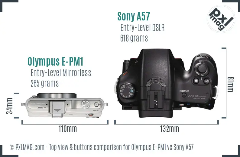 Olympus E-PM1 vs Sony A57 top view buttons comparison Olympus E-PM1 vs Sony A57 top view buttons comparison