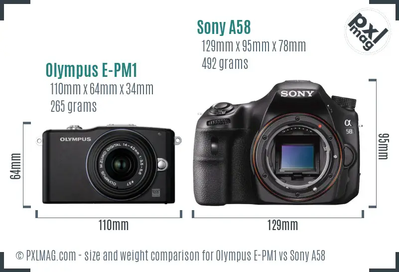 Olympus E-PM1 vs Sony A58 size comparison