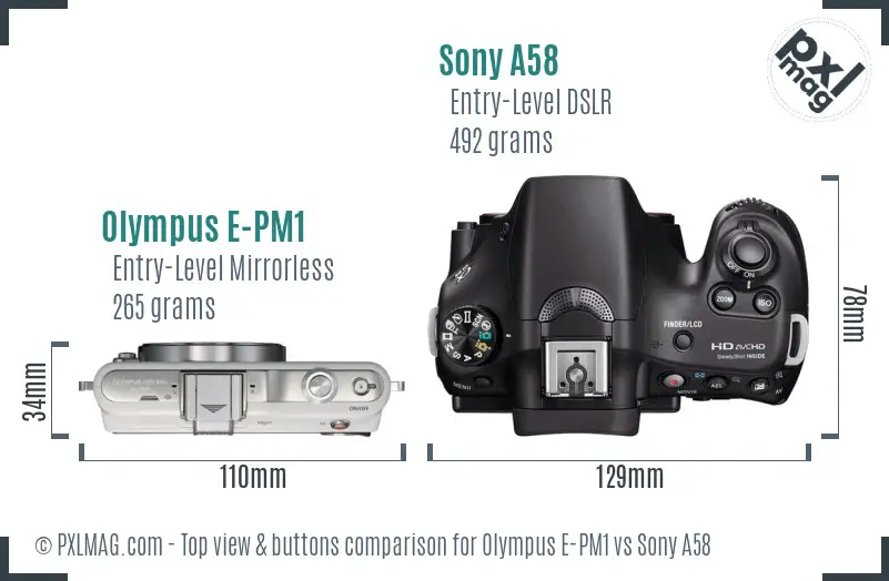 Olympus E-PM1 vs Sony A58 top view buttons comparison
