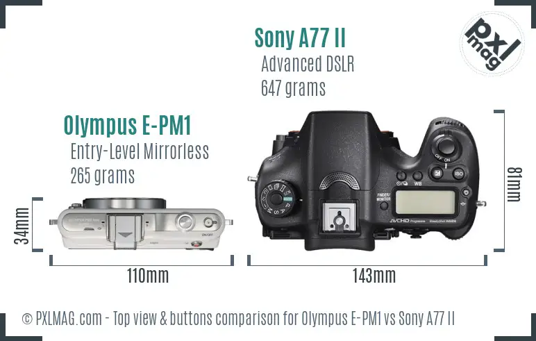 Olympus E-PM1 vs Sony A77 II top view buttons comparison